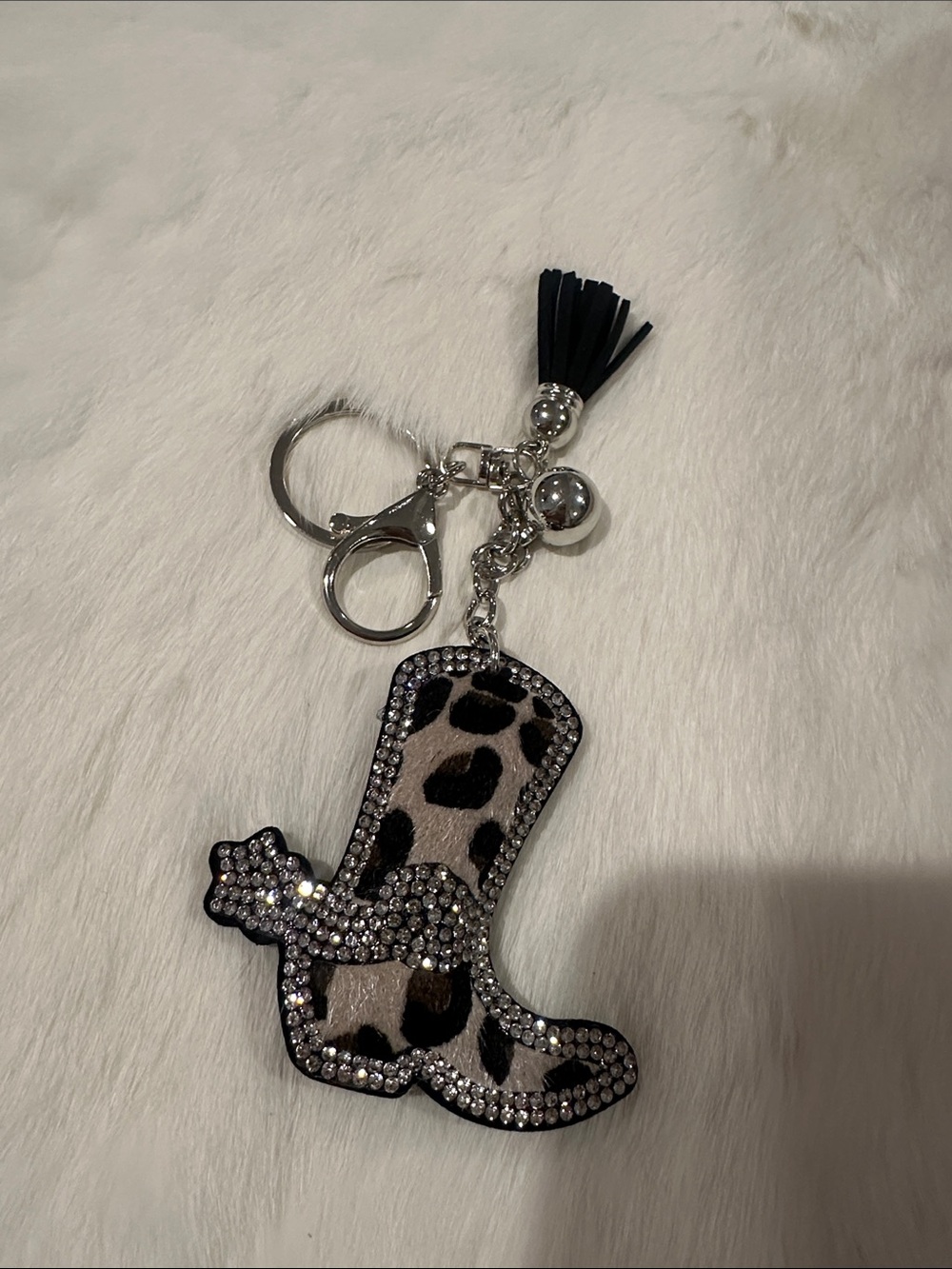 Leopard Print Rhinestone Cowboy Boot Keychain/purse charm - Black & Cream
